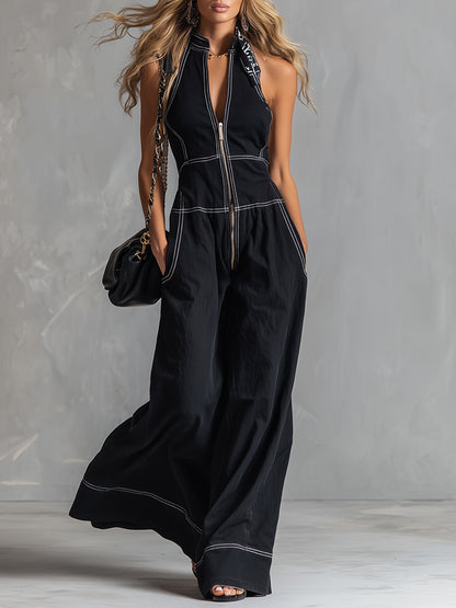 Stylish And Elegant Front-zip Black Tencel Denim Sleeveless Wide-leg Jumpsuit