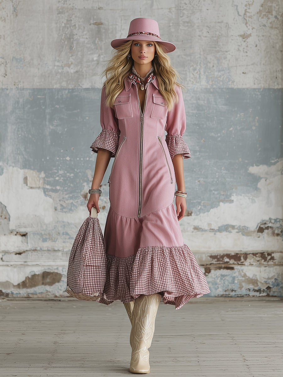 Elegant Pink Checkered Trim Faux Denim Short-sleeved Midi Dress