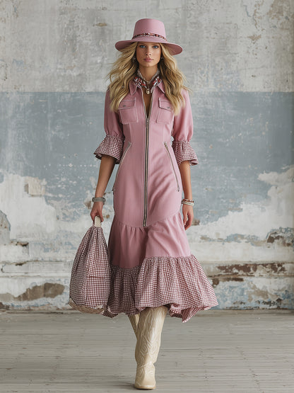 Elegant Pink Checkered Trim Faux Denim Short-sleeved Midi Dress