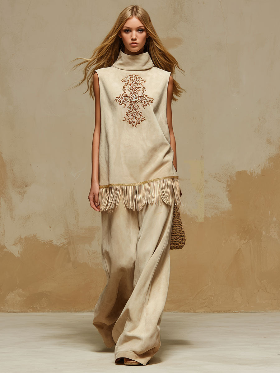 Western-style High-neck Sleeveless Embroidered Fringed Top And Pants Faux Suede Set
