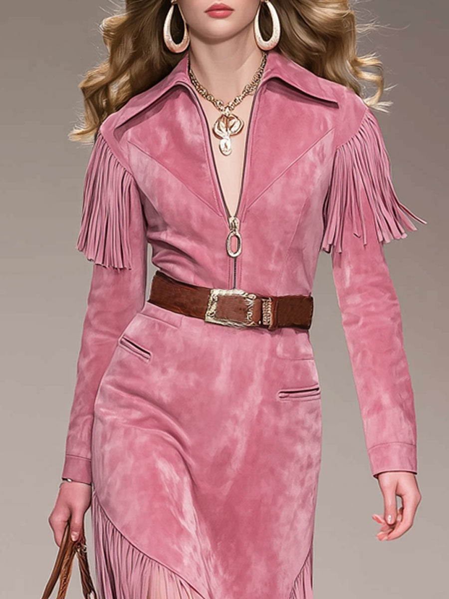 Western Retro Tassel Pink Faux Suede Long-Sleeved Midi Dress