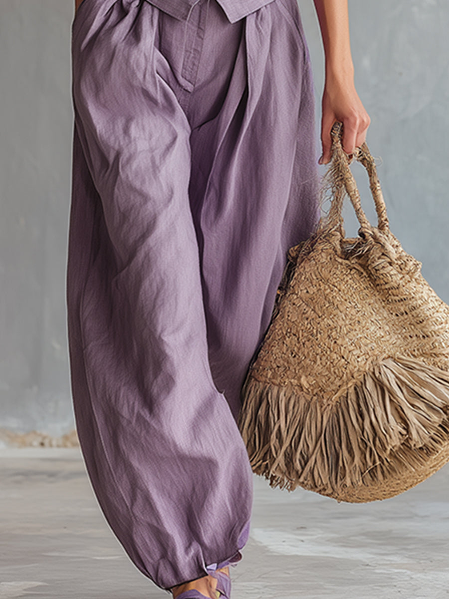 Elegant And Refreshing Lilac Cotton And Linen Vest And Balloon Pants Set