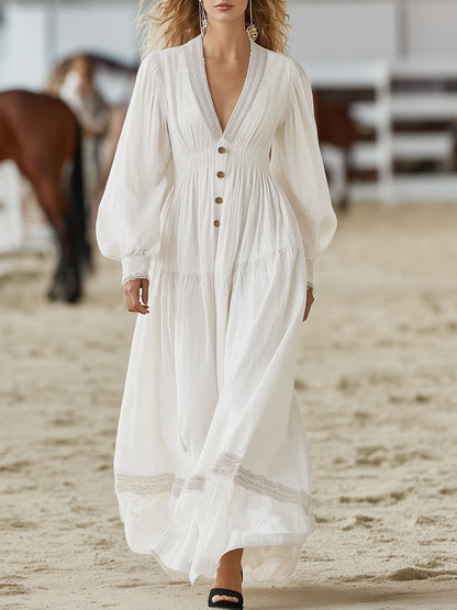 Vintage-style White Cotton-linen Long-sleeved Maxi Dress