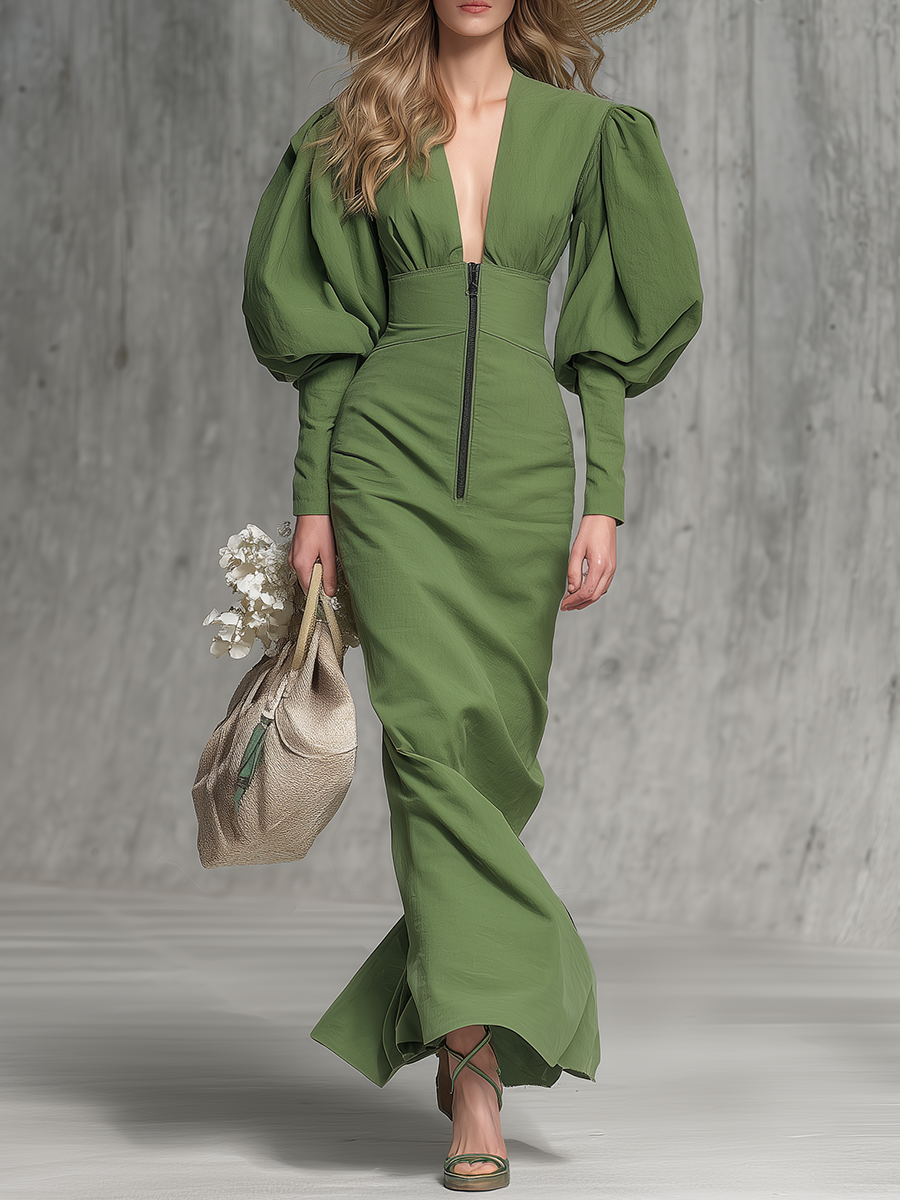 Elegant And Stylish Puff-sleeved V-neck Zip-up Green Maxi Dress
