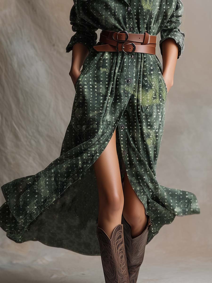 Vintage Western Front Button Lapel Front Button Green Tie-dye Pattern Denim Midi Dress