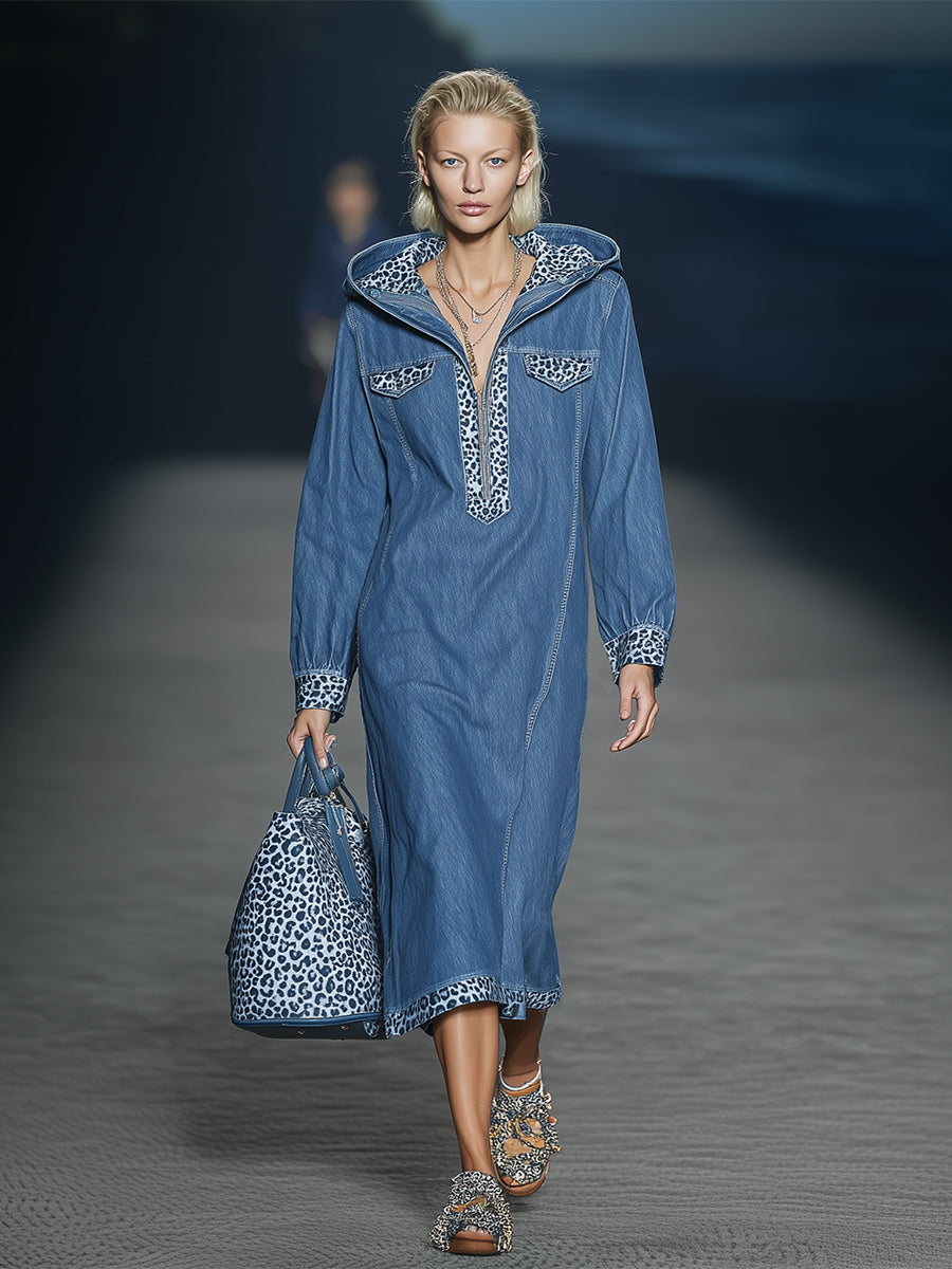 Stylish Blue Denim Patchwork Leopard Print Half-zip Hooded Midi Dress