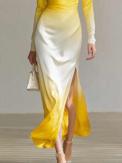 Elegant Sexy Cowl Neck Gradient Print Satin Maxi Dress