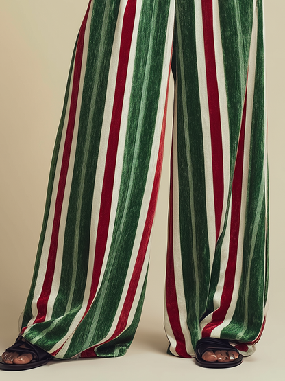 Retro Loose-fitting Red And Green Striped Chenille Wide-leg Pants