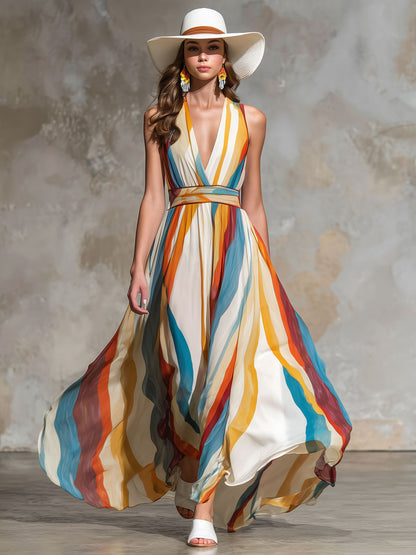 Vacation Retro Rainbow Striped Chiffon Sleeveless Maxi Dress