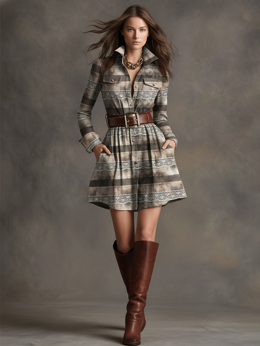 Vintage Ethnic Style Distressed Khaki Lace Fabric Lapel Mini Dress