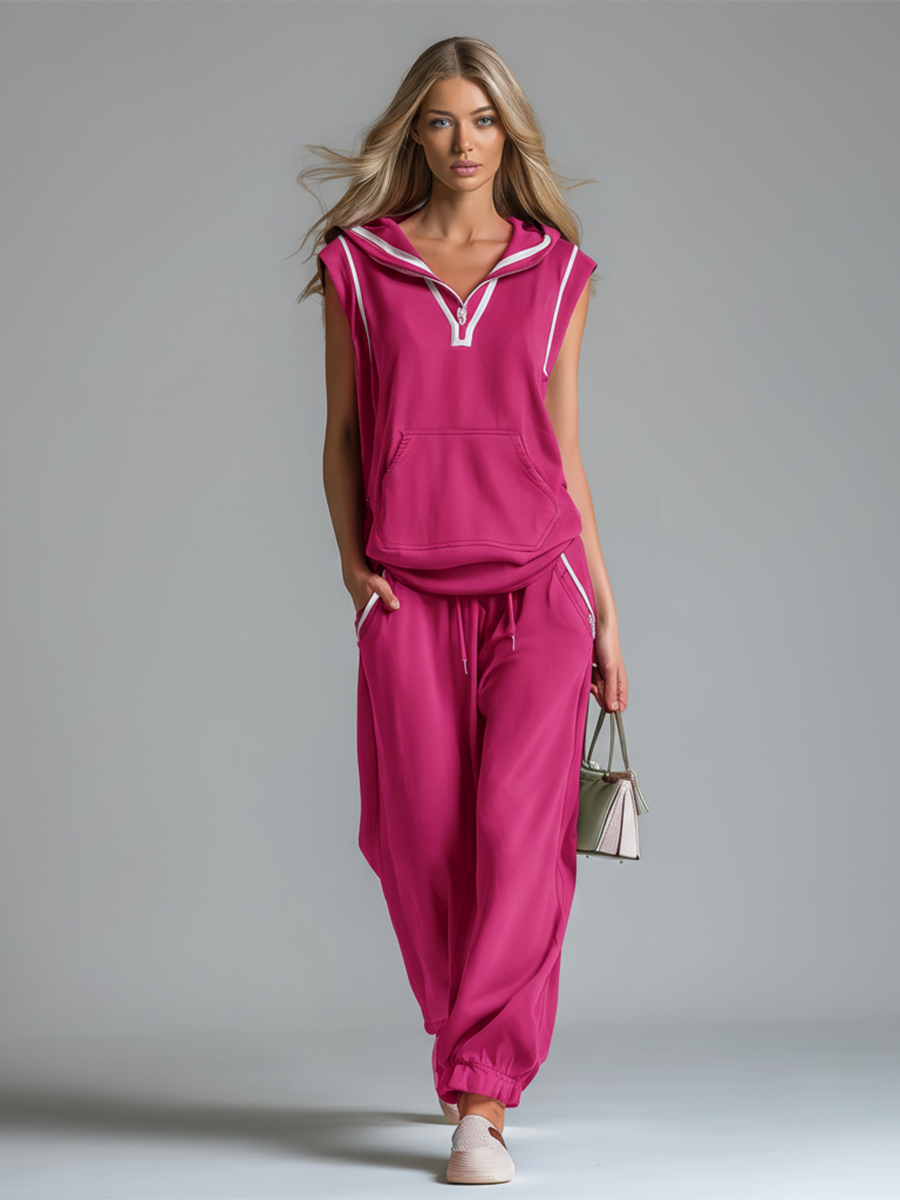 Stylish And Casual V-neck Hooded Sleeveless Top And Pants Set