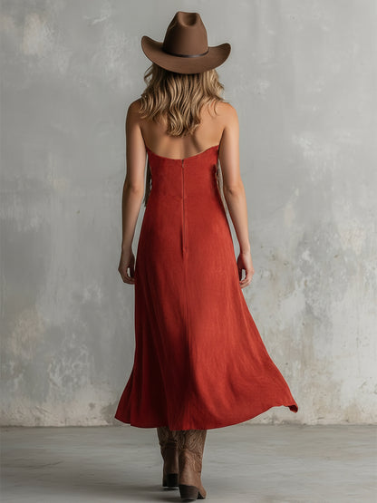 Western-style Sexy Red Faux Suede Halter Neck Backless Sleeveless Midi Dress