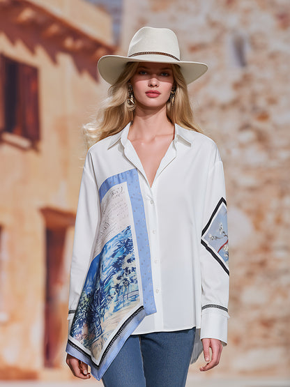 Stylish Silk Scarf Print White Loose-fitting Shirt