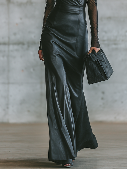 Elegant Edgy Urban V-neck Faux Leather Maxi Dress