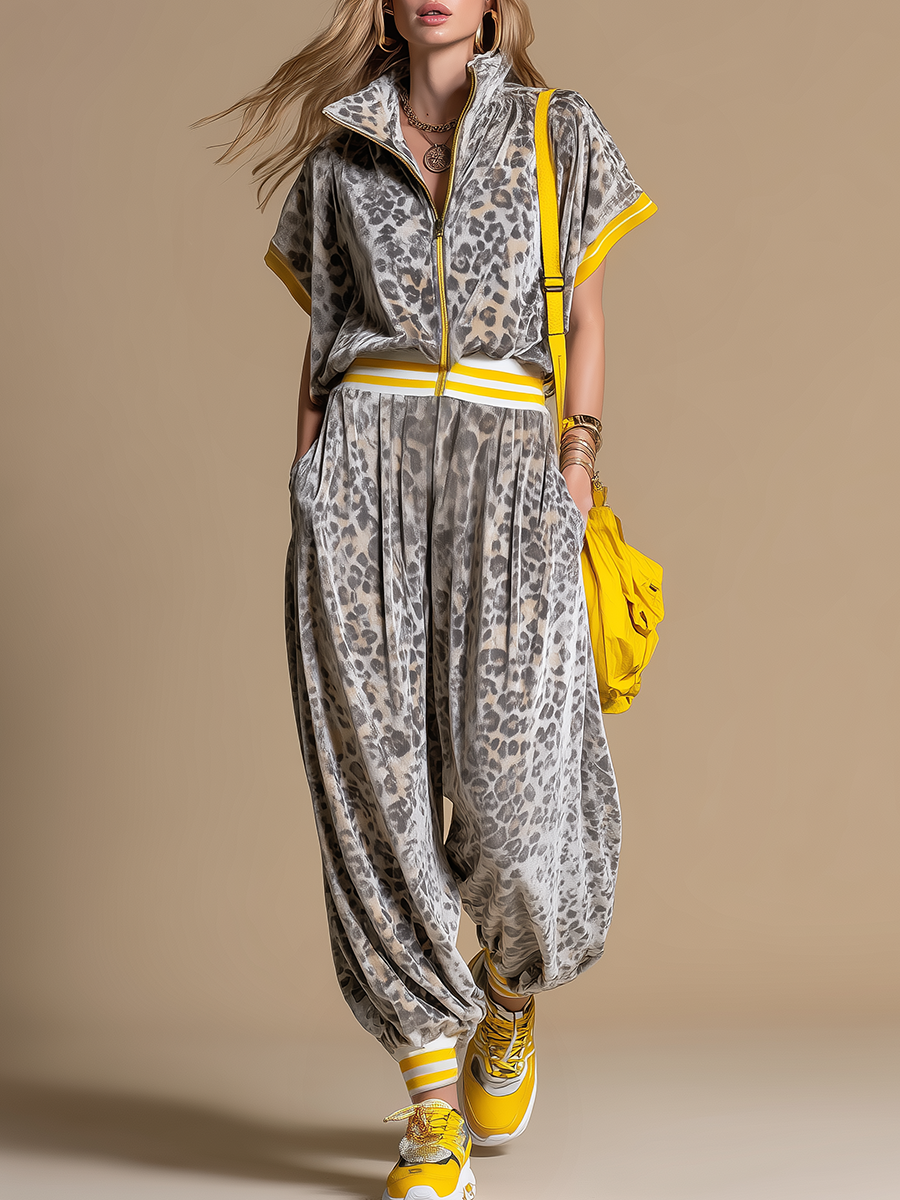 Retro Sporty Leopard Print Zip-up Stand-collar Velvet Short-sleeved Jumpsuit