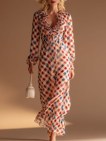 Fashionable Retro Plaid Print Ruffled Chiffon Maxi Dress