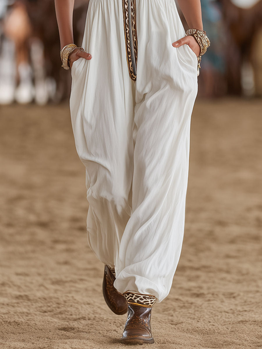 Western Retro Leopard Print Trim White Chiffon Sleeveless Jumpsuit