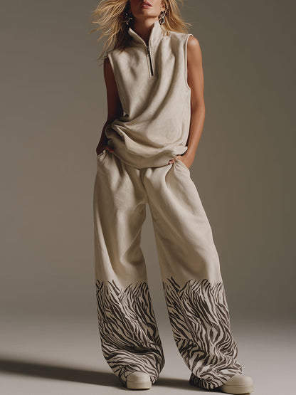 Casual Retro Zebra Print Off-white Faux Suede Sleeveless Top And Pants Set