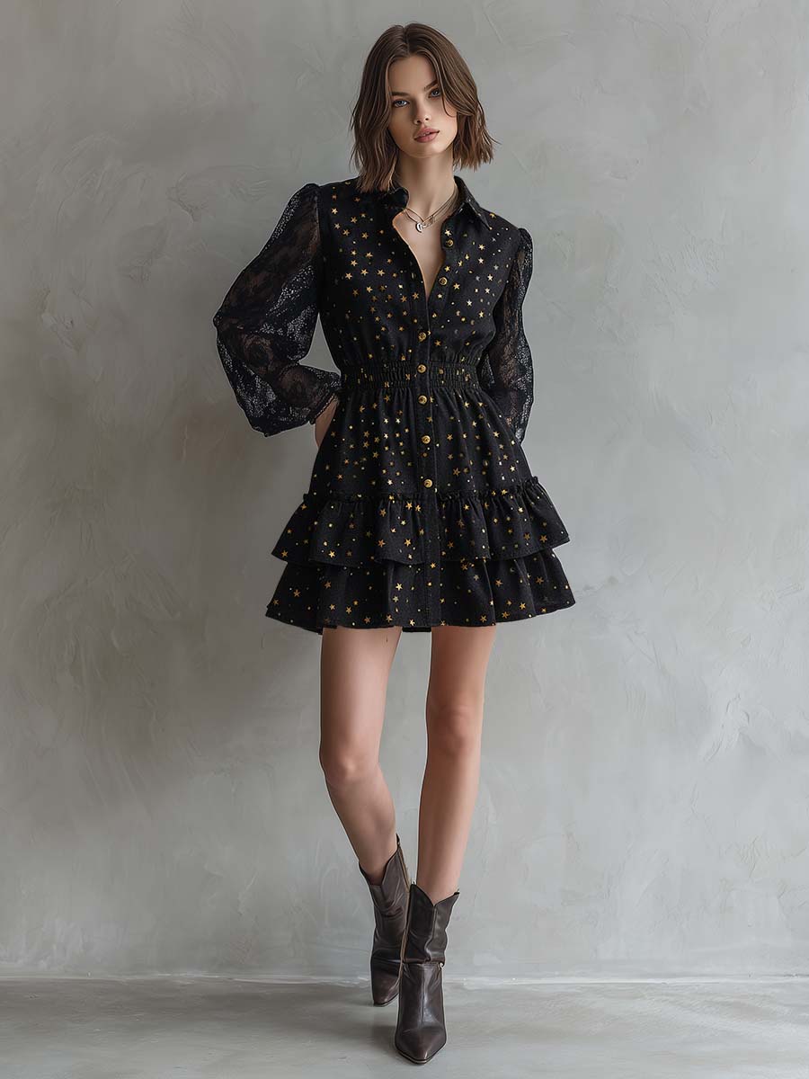 Elegant Vintage Ruffled Hem Lace Long Sleeves Gold Star Pattern Black Denim Mini Dress