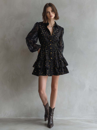 Elegant Vintage Ruffled Hem Lace Long Sleeves Gold Star Pattern Black Denim Mini Dress