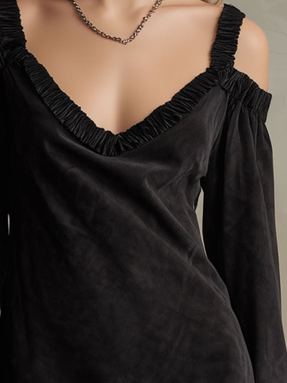 Western Retro Black Long-Sleeved Off-Shoulder Faux Suede Mini Dress