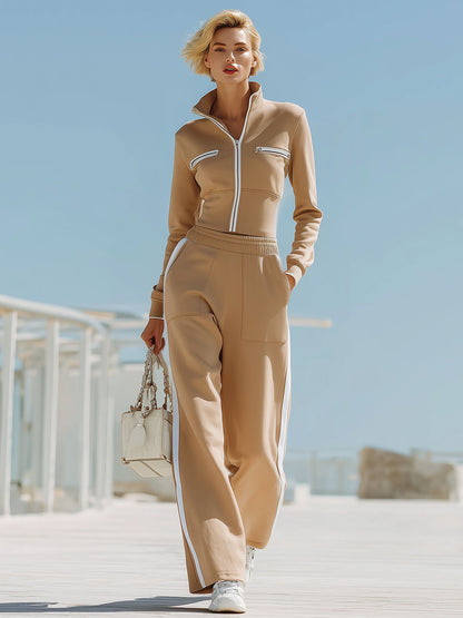 Color-blocked Pocket Stand-up Collar Zip-up Top And Wide-leg Pants Tracksuit