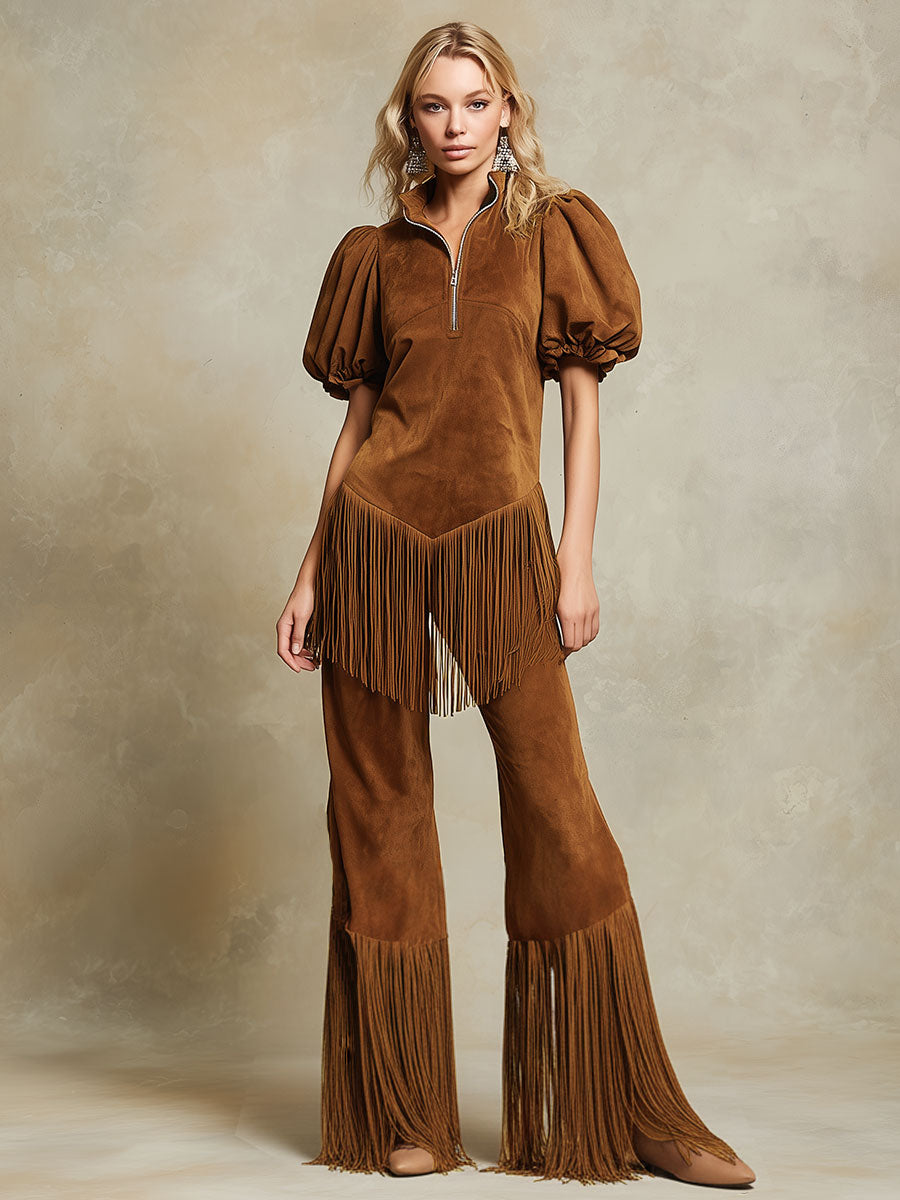 Western Retro Tassel Brown Faux Suede Short-sleeved Top And Pants Set