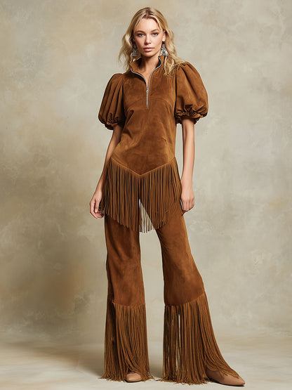 Western Retro Tassel Brown Faux Suede Short-sleeved Top And Pants Set