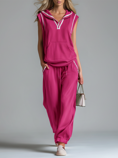 Stylish And Casual V-neck Hooded Sleeveless Top And Pants Set