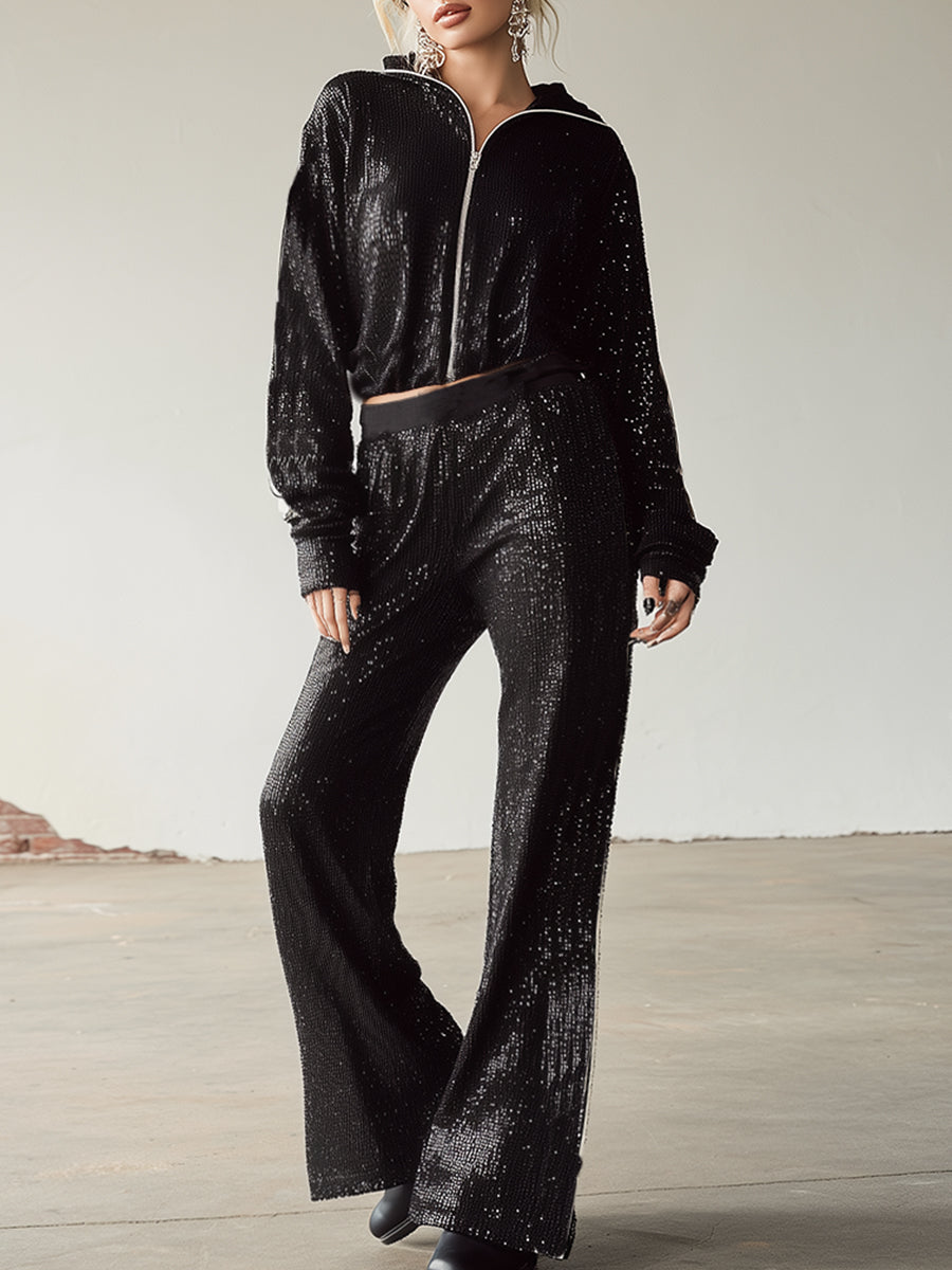 Stylish Casual Sporty Black Sequined Front Zipper Top And Wide-Leg Pants Set