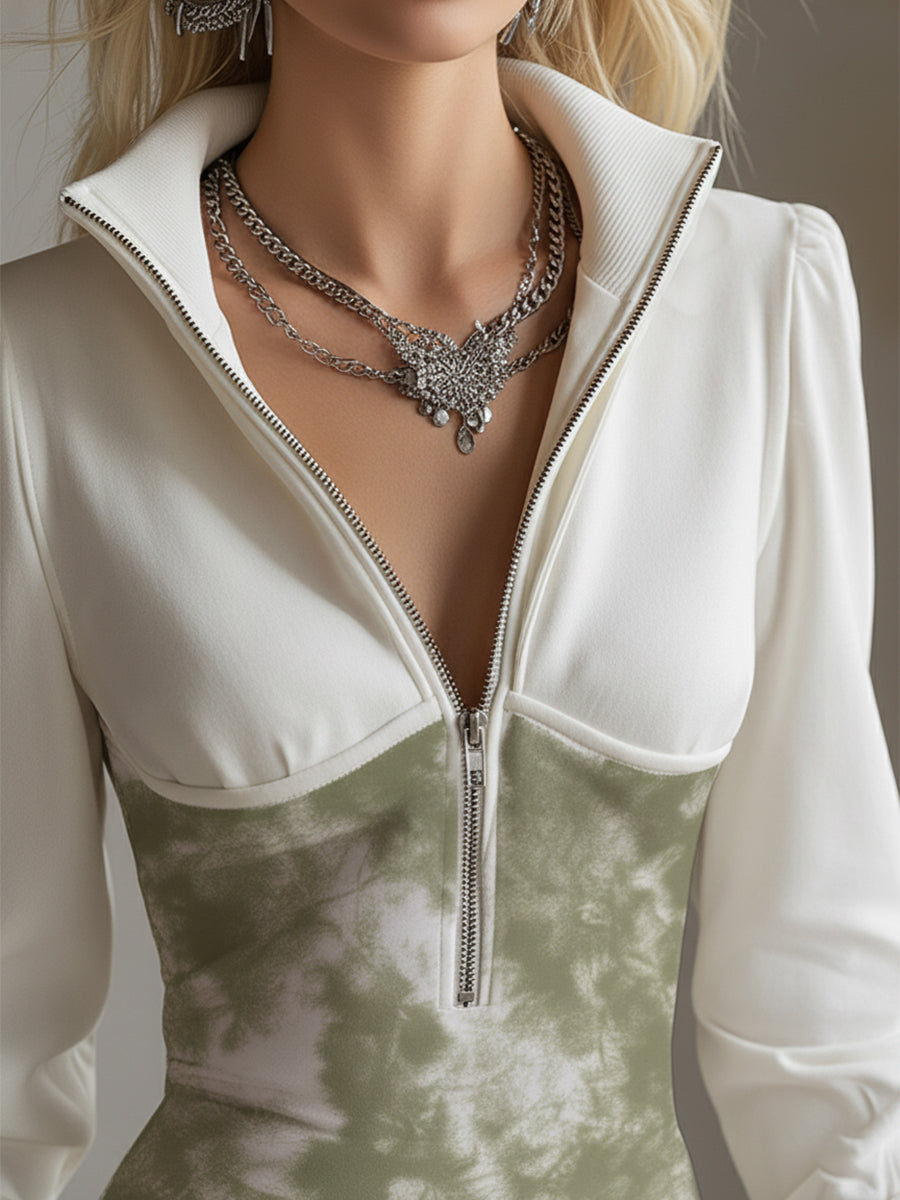 Elegant Sporty Green Tie-dye Half-zip Midi Dress