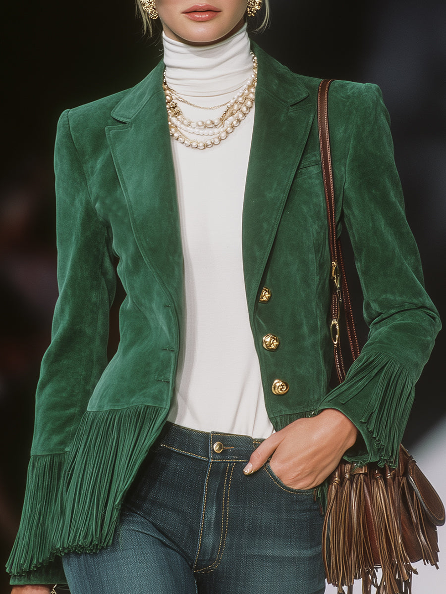Retro Western-style Gold Buttons And Green Faux Suede Tassels Jacket