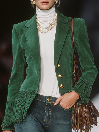 Retro Western-style Gold Buttons And Green Faux Suede Tassels Jacket