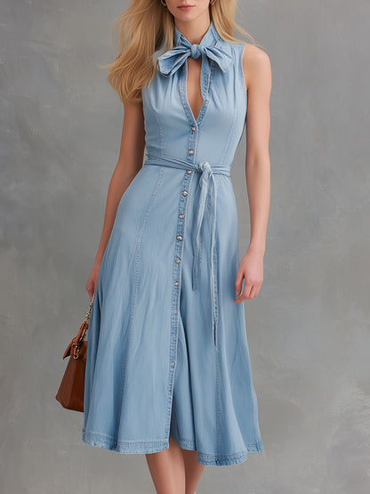 Fashionable Retro Blue Sleeveless Tie-button Washed Denim Midi Dress