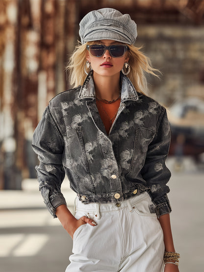 Casual And Stylish Rose Print Gray Denim Cropped Jacket