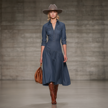 Stylish Blue Denim Button-down Long-sleeved Midi Dress