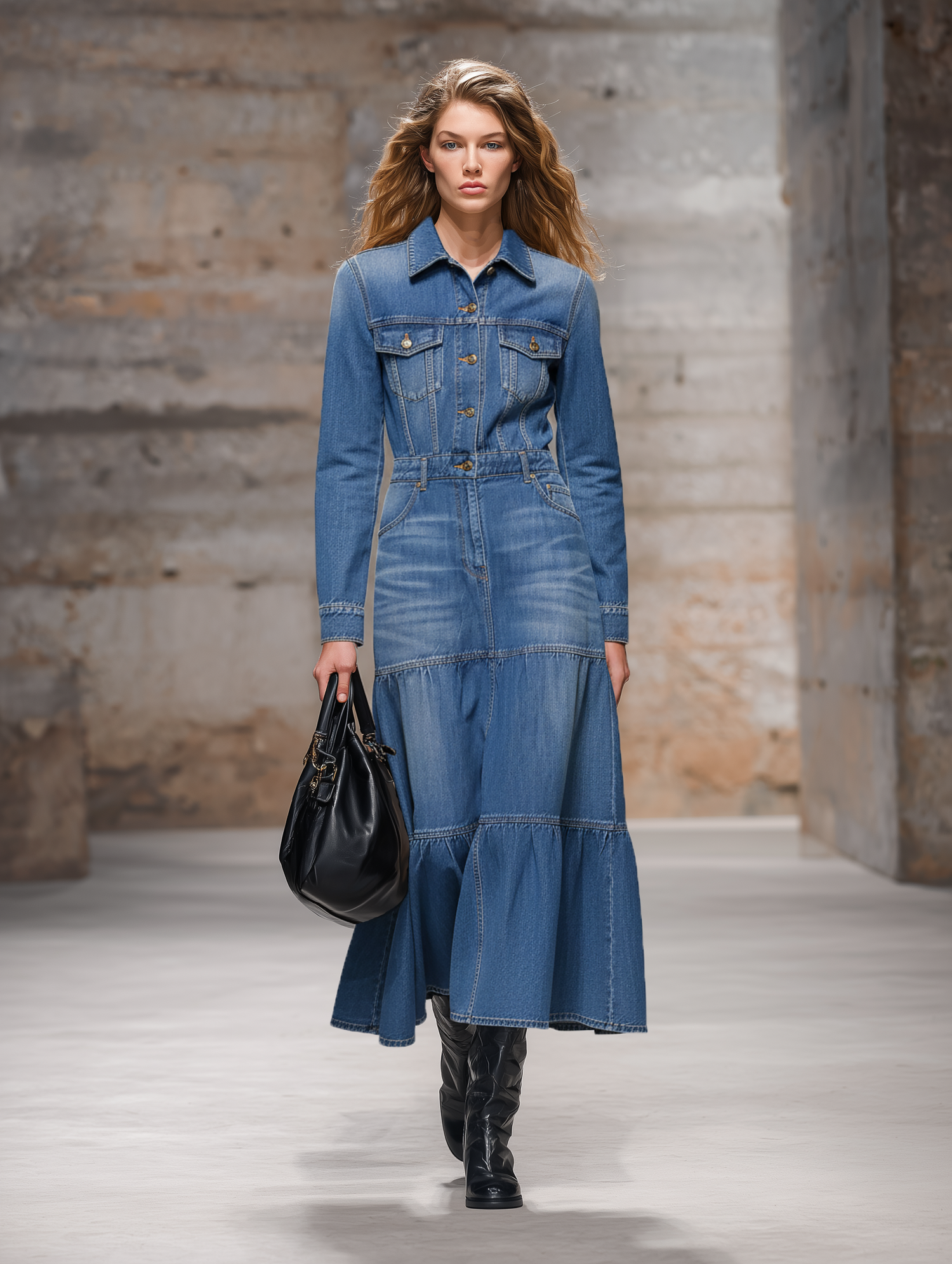 Casual And Stylish Lapel Blue Denim Maxi Dress