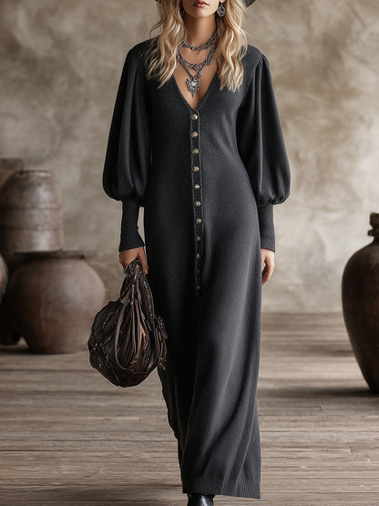 Casual And Stylish Button-decorated V-neck Dark Gray Knit Maxi Dress