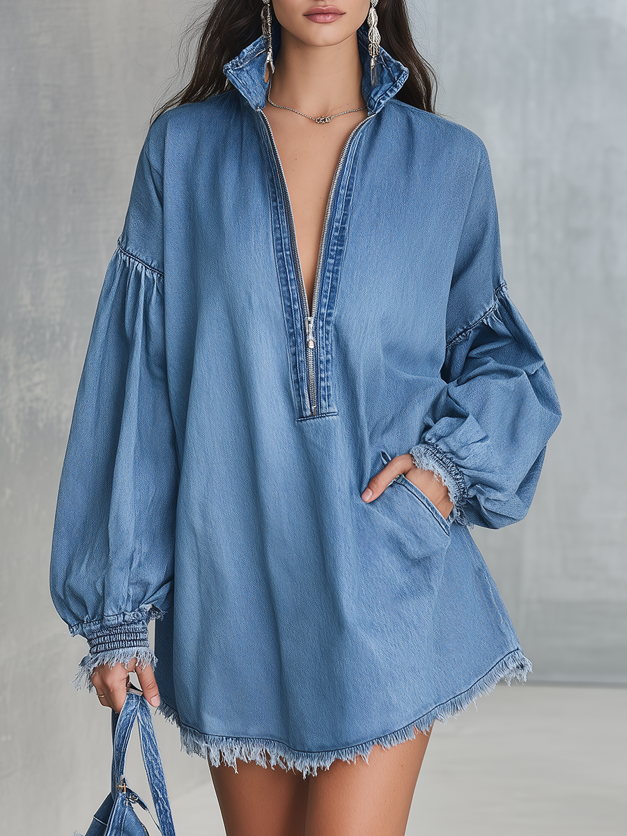 Vintage Charming Classic Elegant Casual Denim Mini Dress