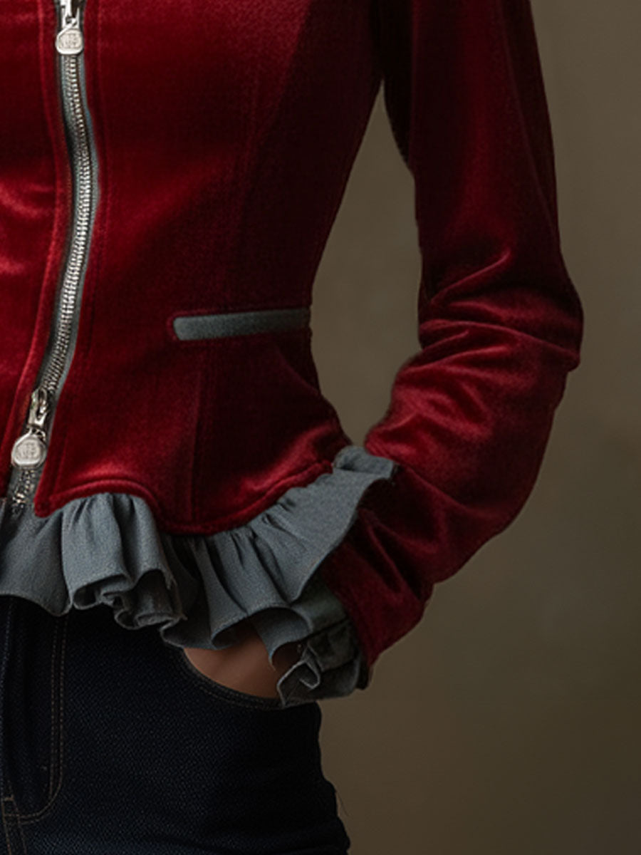 Fashionable Retro Red Velvet Denim Ruffled Zip-up Jacket