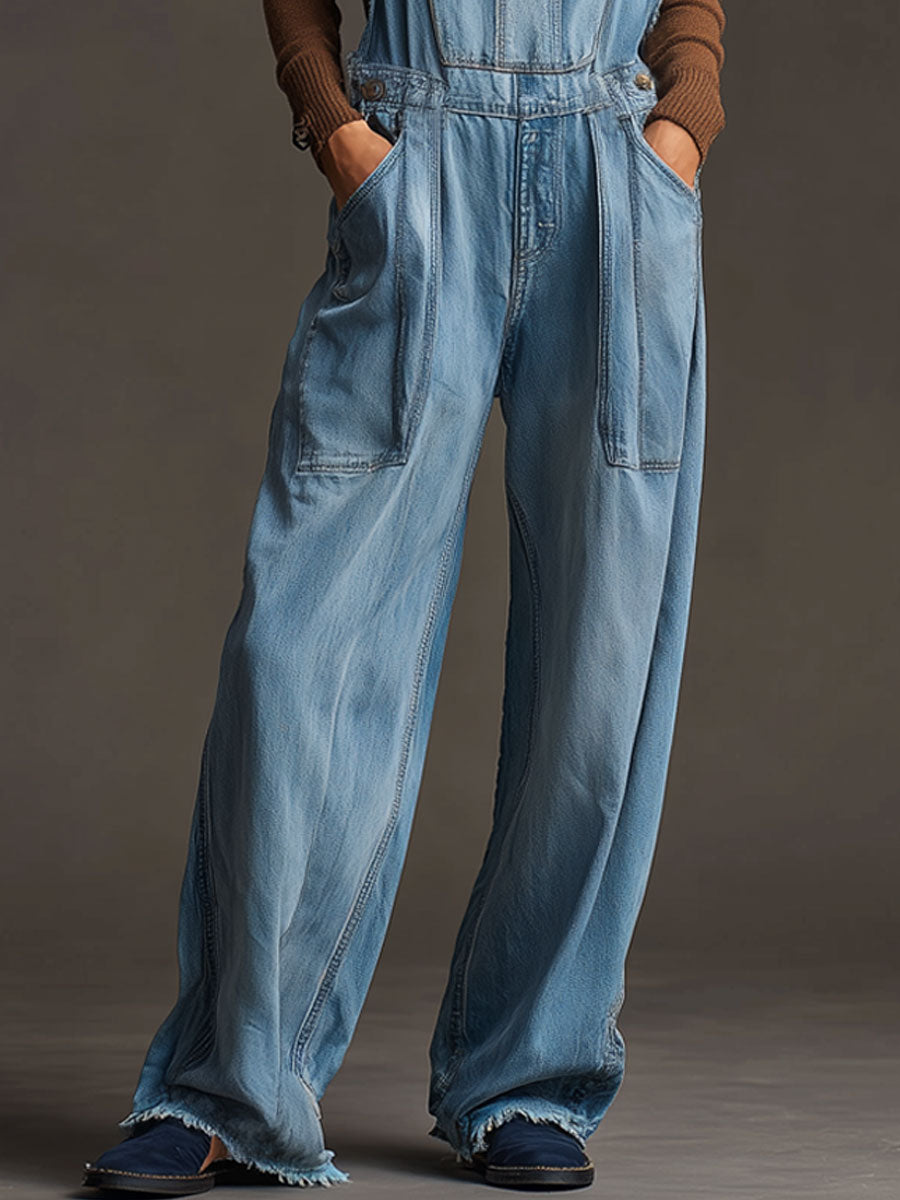 Casual Retro Washed Frayed Light Blue Denim Wide-leg Overalls