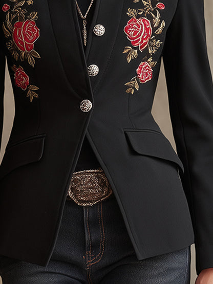 Stand Collar Single-breasted Rose Embroidered Woolen Blazer