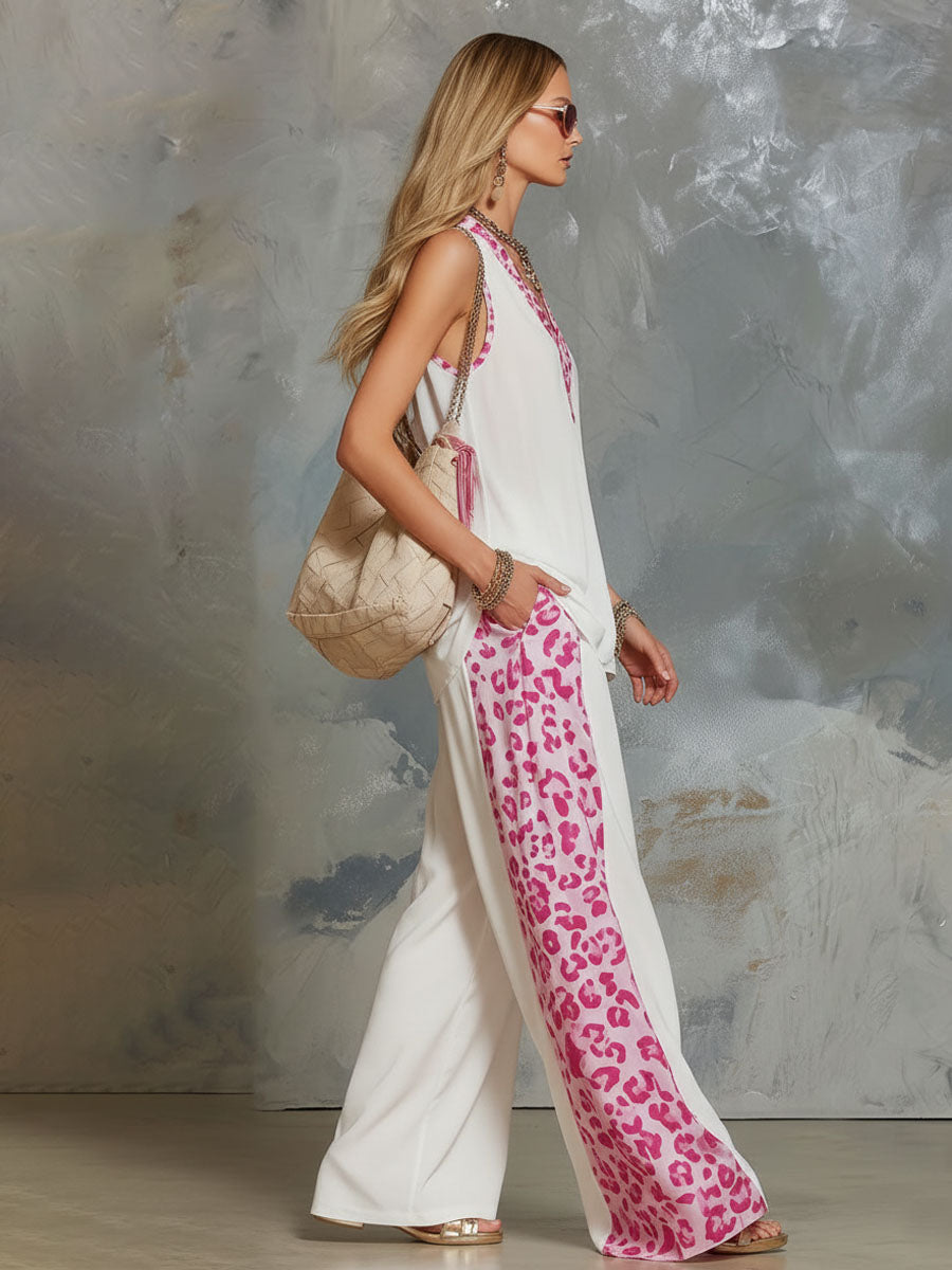 Chiffon V-neck Sleeveless Leopard Print Top And Pants Set