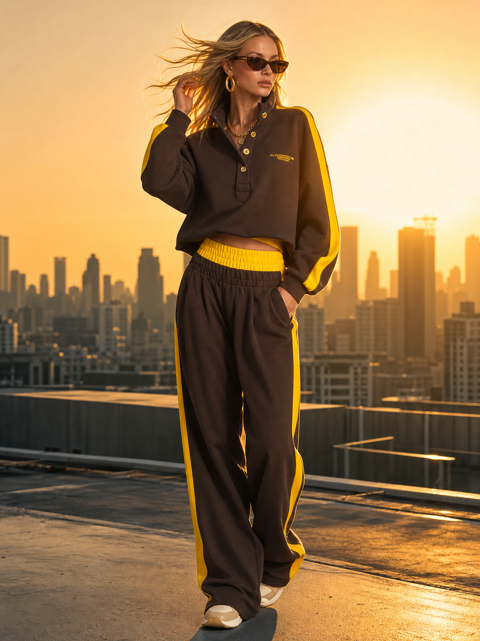 Retro Sportswear Dark Brown Cotton Stand-collar Top And Pants Set