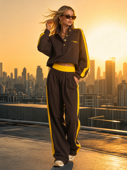 Retro Sportswear Dark Brown Cotton Stand-collar Top And Pants Set