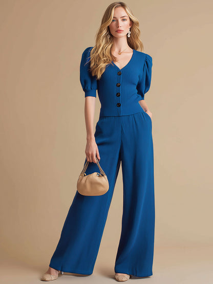 Casual And Elegant Blue Short-sleeved Button-down Top And Wide-leg Knitted Set