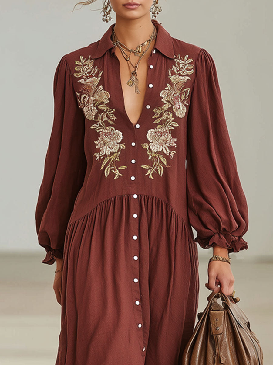 Bohemian Style Floral Embroidered Lapel Single-breasted Cotton Linen Maxi Dress