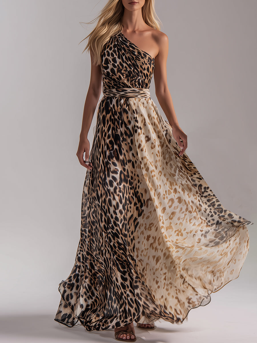 Luxury Resort-style Leopard Print Gradient Chiffon Off-shoulder Sleeveless Maxi Dress