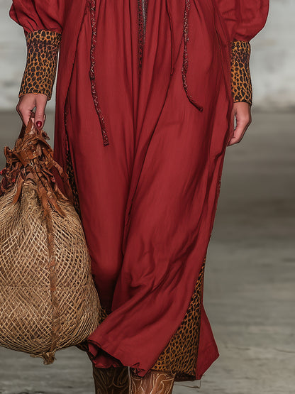 Western-style Red Linen Zip-up Hooded With Partial Leopard Print  Maxi Dress