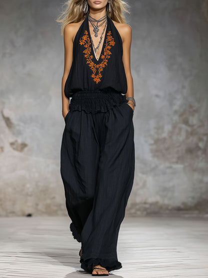 V-neck Vintage Floral Embroidered Sleeveless Cotton Top And Pants Set